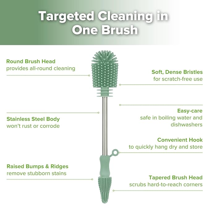 Cleaning Brush Silicone Bottle Brush Double-Ended Soft Silicone Bristles for Breast Pumps, Breast Milk Collectors, Baby Bottles, Teats, Breastmilk Storage Bags, Pea Green-1pk