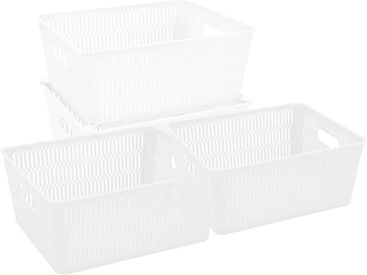 Simplify 4Pk Large Slide 2 Stack It Tote Basket | Storage & Organization | Open Bins with Stackable Capability | Bathroom | Crafts | Pantry | Playroom | Office | White (KIT-25930-WHITE-4PK)