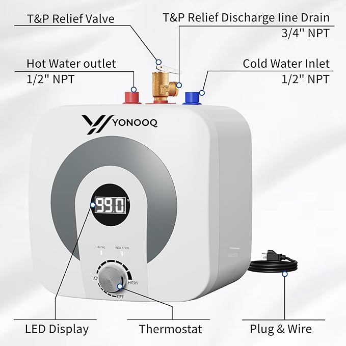 4 Gallon Mini Tank Electric Water Heater, 1500W 110V, Under Sink Water Heater with Digital Display & Pressure Relief Valve, Hot water heater for Kitchen Bathroom RV Camper, 1/2 NPT Inlet/Outlet Port