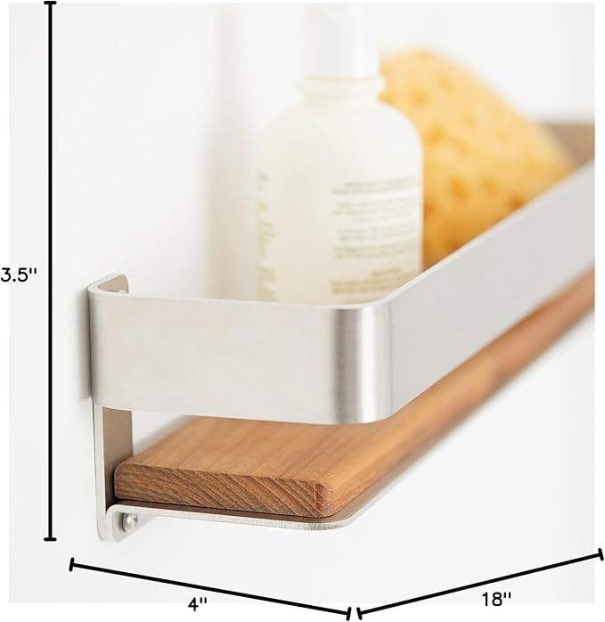 Seachrome Rectangular Shower Shelf with Rail in a Satin Finish and Natural Teak Wood Insert