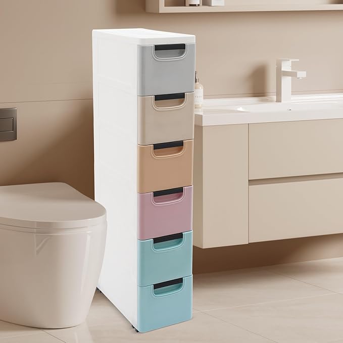 6 Drawers Storage Cart Rolling Storage Drawer Cart Narrow Plastic Dresser Rolling Organizer Cart Storage Unit on Wheels Bathroom Art Craft Supplies Mobile Slim Utility (Pale color)