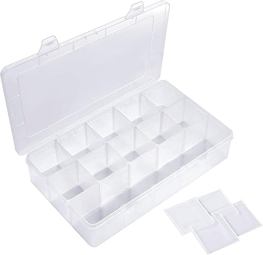 Storage Box with Dividers, 15-Grid Extra Large Plastic Storage Case for Nail Art Decoration, Clear Fake Nail Organizer Container with Lids for Acrylic Nails Tip, Rhinestone, Bead, Charm, Craft