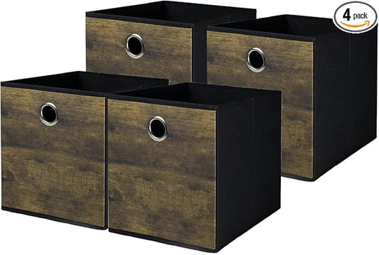 4 Pack Durable Storage Cube Bin with Decorative Wood Grain,Stylish Thickened Fabric Cube Box,Space-saving Storage Basket for Shelves,Closet,Office,Bedroom,Living Room,Nursery,Dorm,RV,13x13x13in(Large)