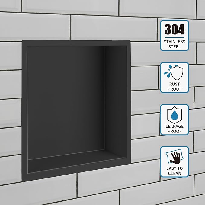 12"×12" Stainless Steel Shower Niche, Recessed Shower Caddy, Bathroom Shelf Insert Fits for 11"x11" Wall Hole Installation (Matte Black)