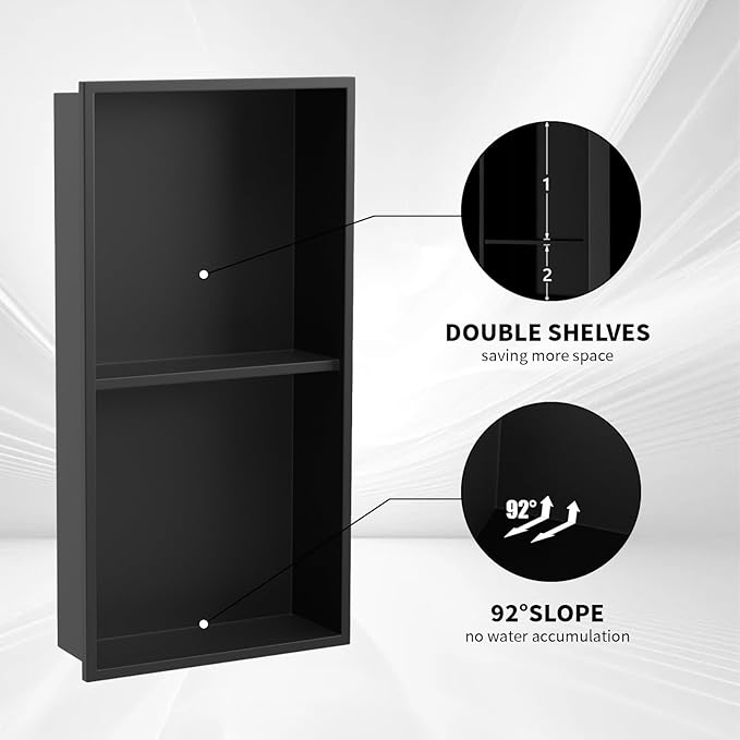 Homevacious 12"×24" Stainless Steel Shower Niche No Tile Needed Matte Black Double Shelves Bathroom Niche Shelf Rimless Recessed Wall Niche for Bathroom Storage