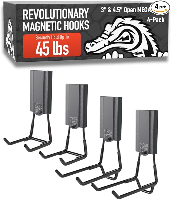 GATOR MAGNETICS MEGA 3 & 4.5" Open Hooks, 45 lb Heavy Duty Magnetic Hooks for Steel Surfaces, Patented Easy-Release, Non-Slip Grip – Storage & Organization, Garage, Home Tools & Gear Storage – 4 Pack