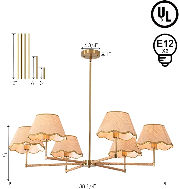 39" Adjustable Boho Rattan Chandelier - 6-Light Rustic Industrial Farmhouse Coastal Pendant Light Fixture for Kitchen Island, Dining & Living Room, Natural Wood Accents, UL Listed, E12 Base