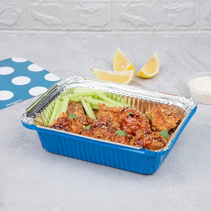 Restaurantware-16 Ounce Disposable Takeout Containers, 50 Rectangle Food Containers - With Polka Dot Lids, Blue Takeaway Container, Aluminum Delivery Container, Freezable