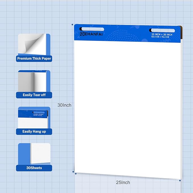 180 Sheets Sticky Easel Pad 25 x 30 Inches, White Self-stick Easel Paper Great for Virtual Teacher and Students, Flip Chart Paper for Office and Classroom, 30 Sheets/Pads, 6 Pads