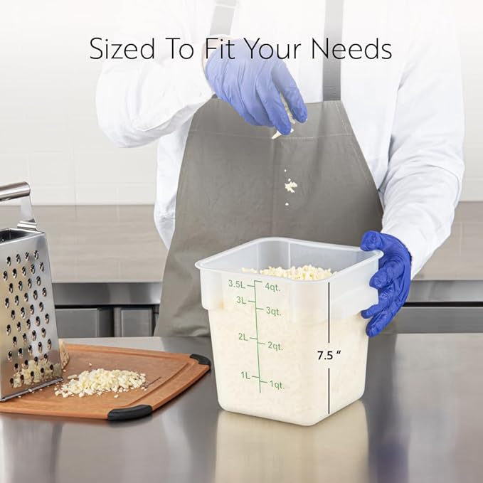 Restaurantware Food Storage Container 10 Pack of 4 qt Plastic Kitchen Storage Bin with Volume Markers Space-Efficient Design Dishwasher-Safe Polypropylene Translucent