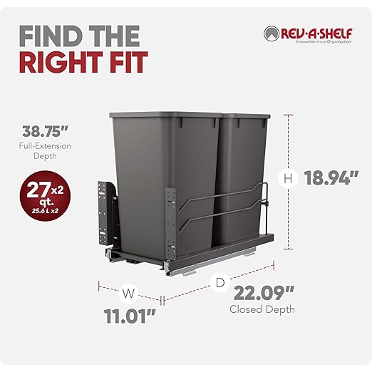 Rev-A-Shelf Double Pullout Trash Can for Base Kitchen Cabinets 27 qt. 12.5 Gallon with Soft-Close Slides, Orion Gray, 53WC-1527SCDM-213