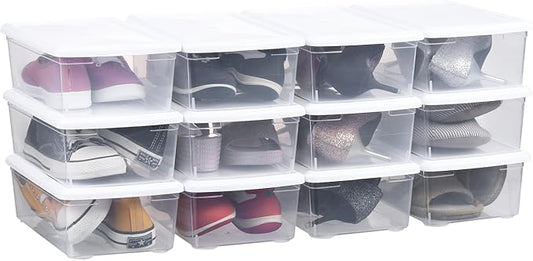 Stackable Plastic Storage Shoebox, BPA-Free Nestable Container with Latching Lid to Organize Shoes, See-Through Box for Home and Office, Multi-Purpose Storage Case, Clear Bins (12 Pack 6 Quart White)