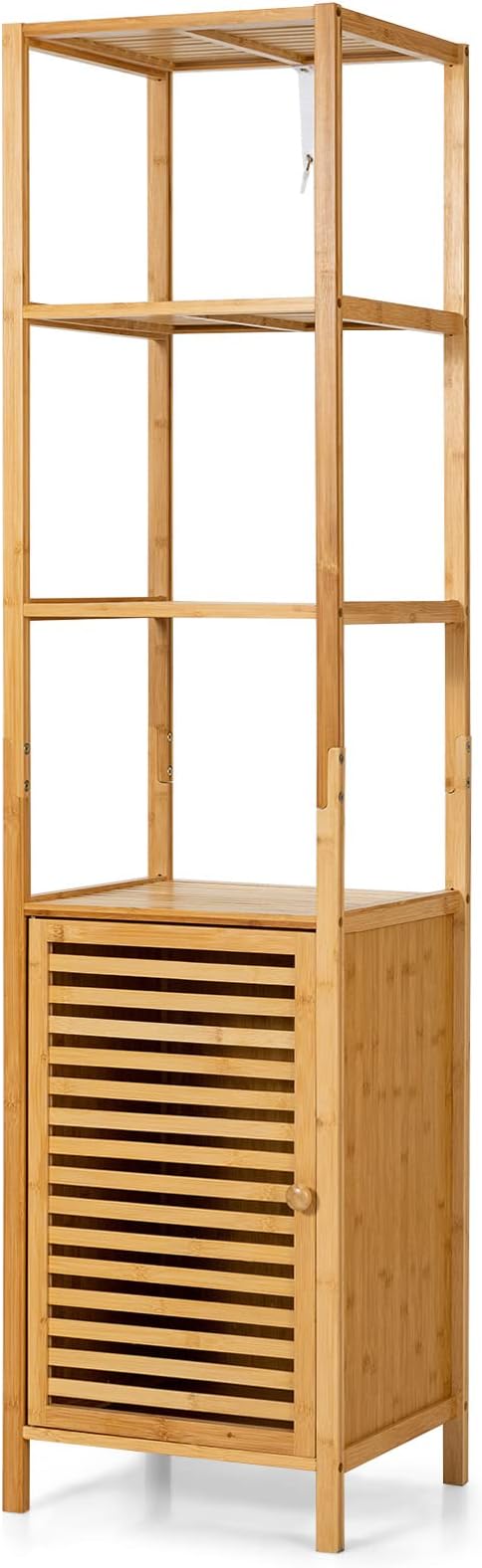 Tangkula Bathroom Cabinet, 65 Inch Tall Slim Bathroom Storage Cabinet with Shutter Door and 3 Open Shelves, Narrow Multifunctional Tower Cabinet, Natural Bamboo, 15.5 x 14.5 x 65 Inch