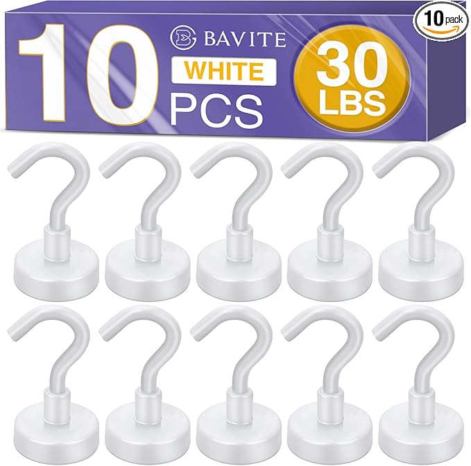 E BAVITE Strong White Magnetic Hooks Heavy Duty, Cruise Cabin Ship Essentials 30Lbs 10 Pack Rare Earth Magnets Hook for Refrigerator, Grill, Home, Kitchen, Office