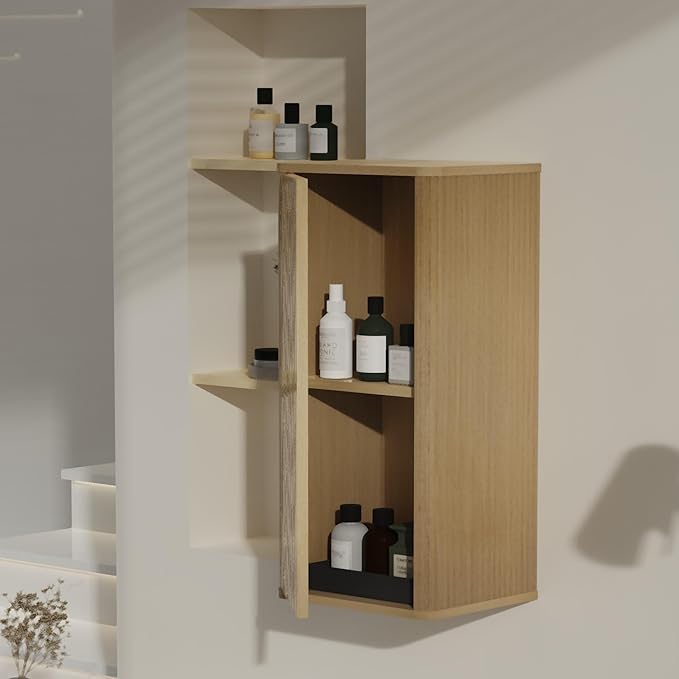 Striped Floating Bathroom Side Cabinet Wall-Mounted Storage for Small Spaces Pre-Assembled with Safe Curvy Design Push-Open Door (Natural Oak, Side Cabinet)