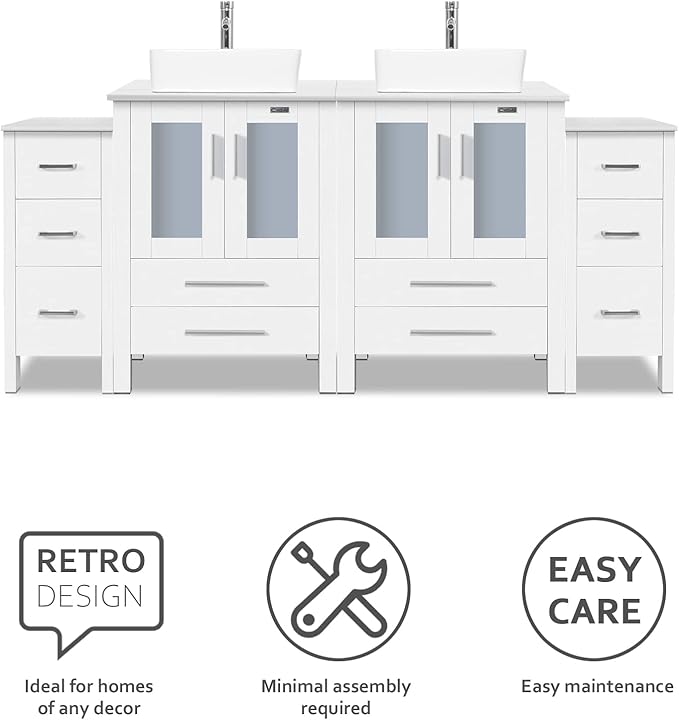 eclife 72" Modern Bathroom Vanity Sink Combo Freestanding Cabinet with Small Side Cabinet, White Rectangle Ceramic Vessel Sink, Water Save Faucet, Drain (White+T03)