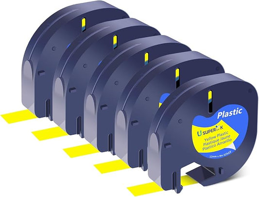 5PK Compatible for Dymo LetraTag Refills 91202 91222 91332 59423 S0721620 Yellow Plastic Label Tape 1/2'' 12mm x 4m for Letra Tag LT100H LT100T QX50 Label Maker Black on Yellow Tape