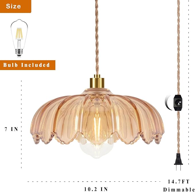 Plug in Pendant Light Hanging Lights with in Cord Mid Century Modern Gold Hanging Lamp Flower Glass Amber Vintage Dimmable Chandelier Ceiling Fixture for Living Room,Kitchen,Boho