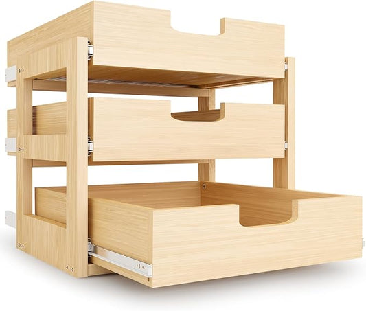Pull Out Cabinet Organizer, 20''W×21''D×19''H Soft Close Slide Out Wooden Pull out Drawers, Three Tier Slide out Wood Cabinet Organizer, for Base Cabinet Organization in Kitchen, Pantry, Bathroom