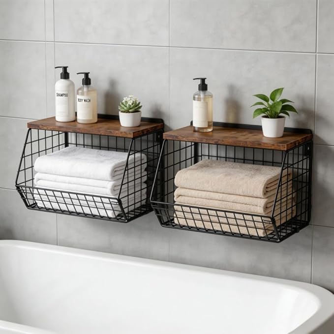 Wall Mounted Fruit Basket with Wood Lid, Hanging Kitchen Storage for Fruits, Vegetables, Potatoes, Onions | Heavy-Duty Carbon Steel & Solid Wood, Black, Space-Saving Countertop Organizer (S)