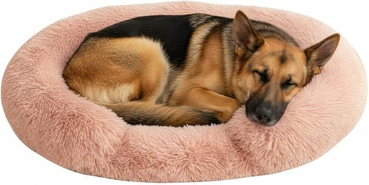 Fluffy Dog Bed Calming Donut Beds for Large Dogs Warming Round Small Medium Pet Nest Cozy Cat Mattress Indoor Washable Puppy Kennel Kittens Sleep Mat (L, 35.4×35.4 inch, Fresh Pink)
