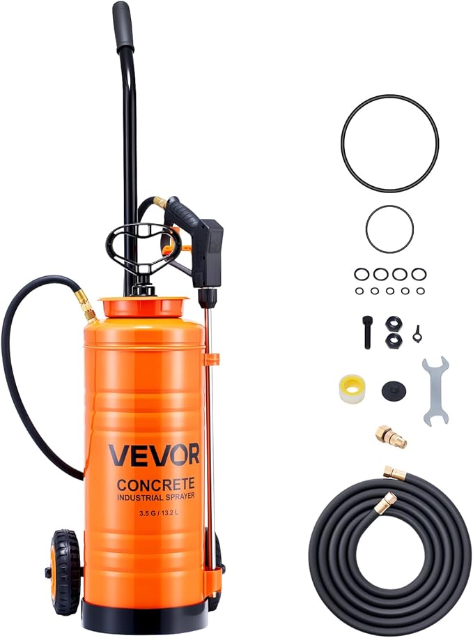 Industrial Concrete Sprayer with Wheeled Cart, 3.5 Gallon Stainless Steel Sprayer, Heavy Duty Tri-Poxy Pump Sprayers, 20.5"Wand, 48" & 120"Hoses, 2 Brass Nozzles for Construction, Lawn & Garden