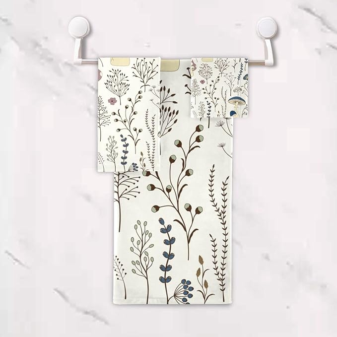 Boho Mushroom Bath Towels Set, 3 Piece Absorbent Microfiber Spring Colorful Wildflower Plant Set (1 Bath, 1 Hand, 1 Washcloth), Decorative for Bathroom, Hair, Face