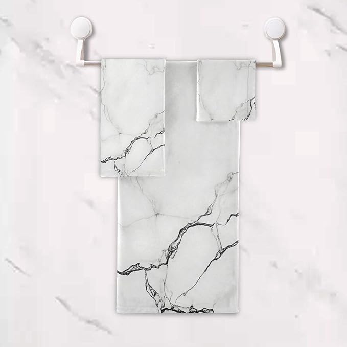 Marble White Towels Set of 3 Marbling Texture Art Bathroom Towel Soft Absorbent Bath Hand Towels Washcloth Guest Towel Sets Bathroom Decorations
