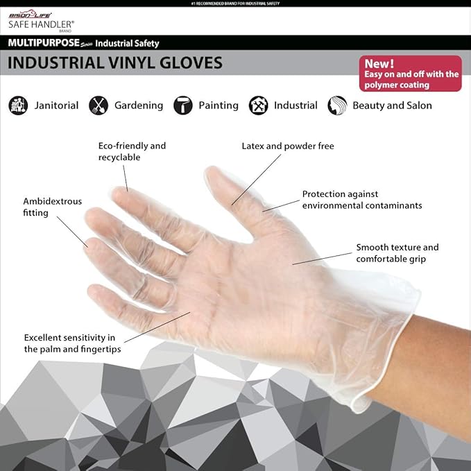 SAFE HANDLER Industrial Vinyl Gloves | Latex Free, Powder Free, Multi Purpose, Cleaning, For Work or For Home, Ambidextrous, Disposable Gloves (100 per box,10 boxes = 1000 PIECES)