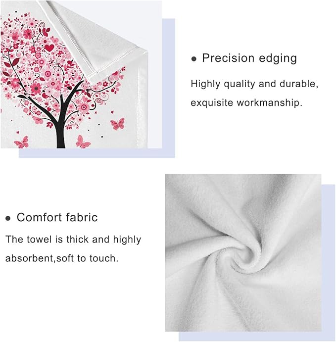 Pink Flowers Heart Tree Towels Set of 3 Romantic Love Spring Trees Butterfly Bathroom Towel Soft Absorbent Bath Hand Towels Washcloth Guest Towel Sets Mother's Valentine's Day Decorations