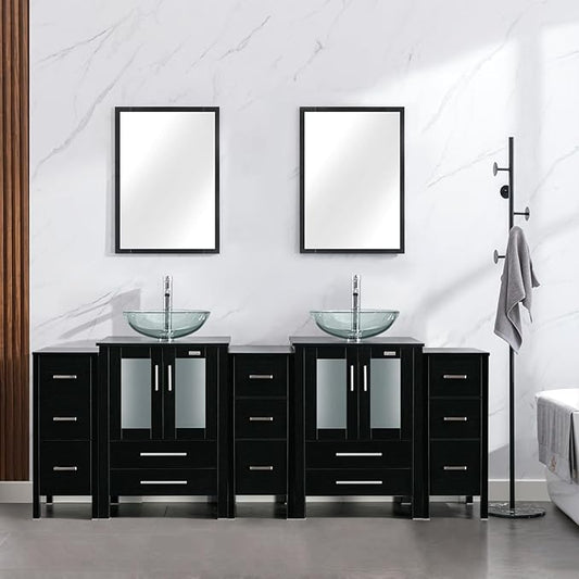 eclife 84" Modern Bathroom Vanity Sink Combo Freestanding Cabinet with Small Side Cabinet, Clear Round Glass Vessel Sink, Water Save Faucet, Drain (Black+A16)