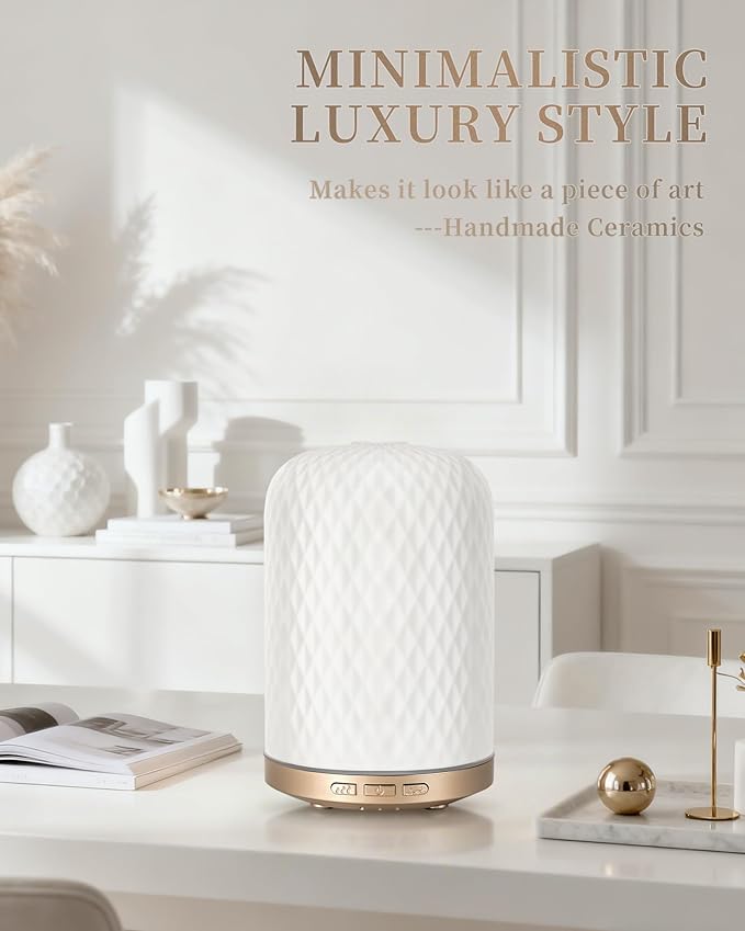 Essential Oil Diffuser - 2.4MHz Ultrasonic Ceramic Diffuser for Home, 120ml, Pulse&Continuous Mist, Bright/Dim/Breathing Lighting, Waterless Auto-Off, Aromatherapy Diffuser with USB Cable