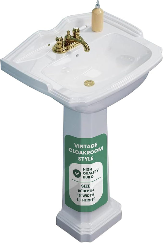 Small Pedestal Sink, Renovators Supply Cloakroom 19" Wide x 33" Tall Bathroom Sink White Grade A Porcelain With Overflow And Pre-Drilled Centerset Faucet Holes