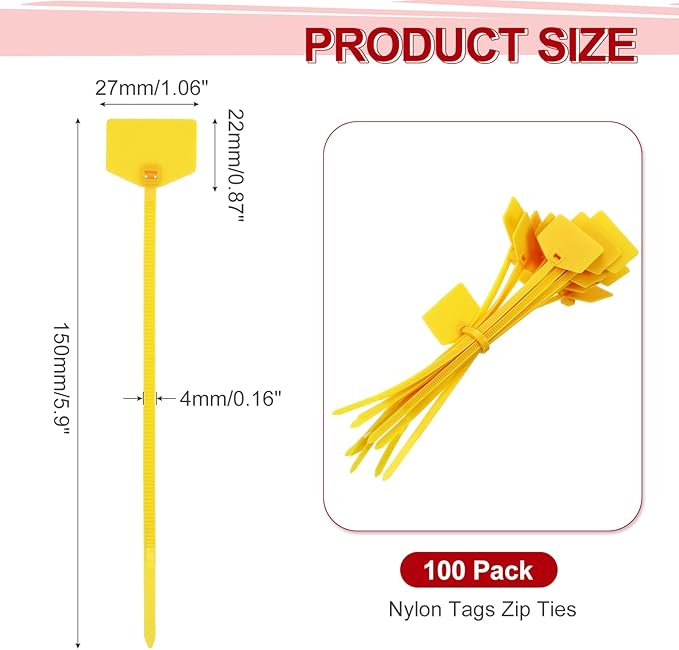 MECCANIXITY 100Pcs 6 Inch Waterproof Shipping Tags 0.16" Nylon Writable Hanging Tag Self Locking Labels Zip Tie Wraps for Indoor and Outdoor, Yellow