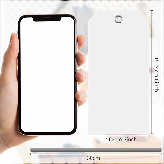 100 Large White Plastic Shipping Tags - 3x6 inch, Heavy Duty, Waterproof, Writable Wire Tags with String Attached for Luggage, Garage, Inventory, Car Parts