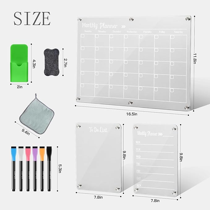 Acrylic Magnetic Dry Erase Board for Fridge，Set of 3 Transparent Planning Boards for Monthly Calendar, Weekly Includes 6 Dry Erase Markers, 1 Eraser and Magnetic Pen Holder