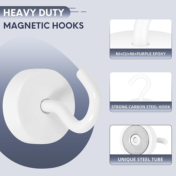 Neosmuk Magnetic Hooks, Cruise Ship Essentials, 4lb+ Heavy Duty Magnetic Hooks for Cruise Cabins, Refrigerator, Grill, Hanging, and Travel | Extra Strong Must-Haves Magnet Hook,White,Pack of 4