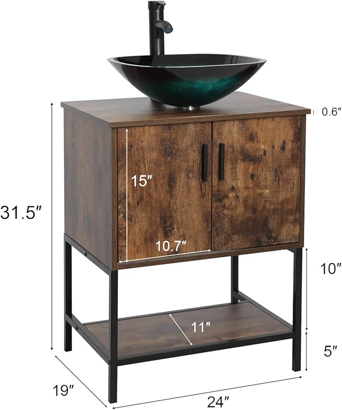 eclife 24" Bathroom Vanity Sink Combo Modern Metal Stand Cabinet W/Bottom Shelf Turquoise Square Vessel Sink & Water Save Faucet & Pop Up Drain, Rustic Brown (A10)