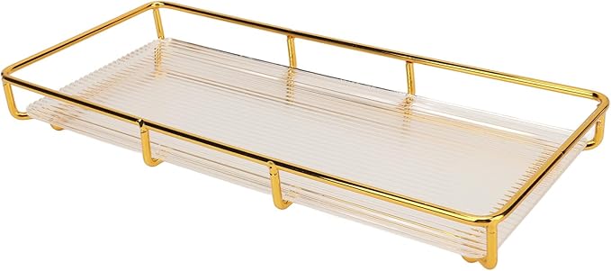 Restokki Bathroom Countertop Tray Stainless Steel Acrylic Modern Minimalist Design Storage Shelf Vanity Tray for Cosmetics Living Goods (Gold Single Layer Large Size)