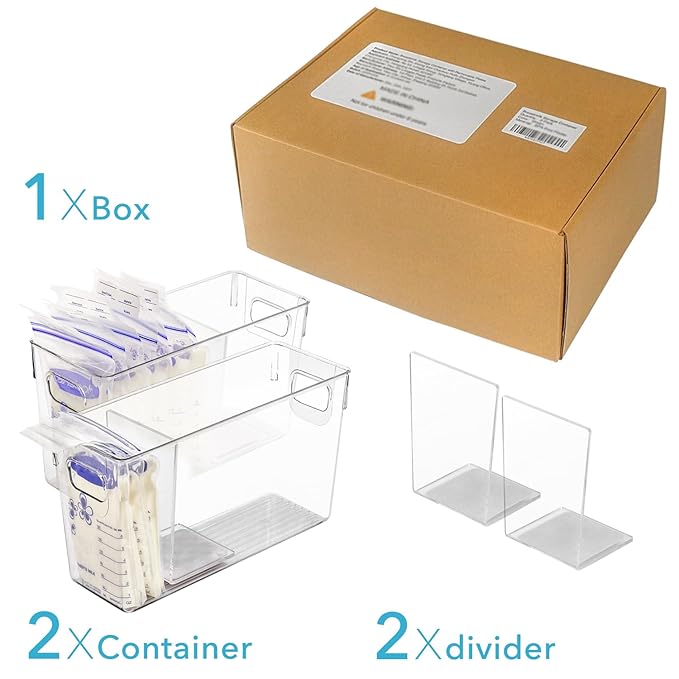 Breastmilk Storage Container with L Shaped Separator Boards, Dividers Will Flatten Standing Breast Milk Bags in Organizer Bins Save Refrigerator Space | 2 Containers-Gray