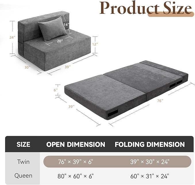 HOMFINE Folding Sofa Bed - Convertible Sleeper Chair with Pillow, Fold Out Couch, Memory Foam Floor Mattress, Futon Couch, Lazy Sofa for Living Room/Dorm/Guest Room/Home Office, Twin, Grey