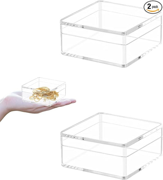 Acrylic Box 2 Packs Clear Display Box Plastic Square Cube Acrylic Storage Containers Wedding Candy Box for Jewelry Collectibles, Minerals,Figurines 4x4x2.4Inch/100x100x60mm
