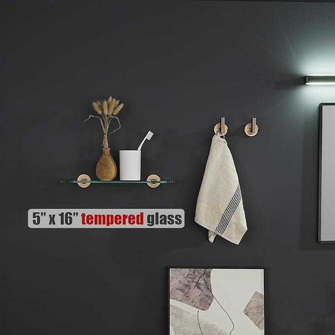 JQK Bathroom Glass Shelf, Tempered Glass Shower Storage 16 by 5 inches, 304 Stainless Steel Champagne Bronze Wall Mount, TGS121L16-CB