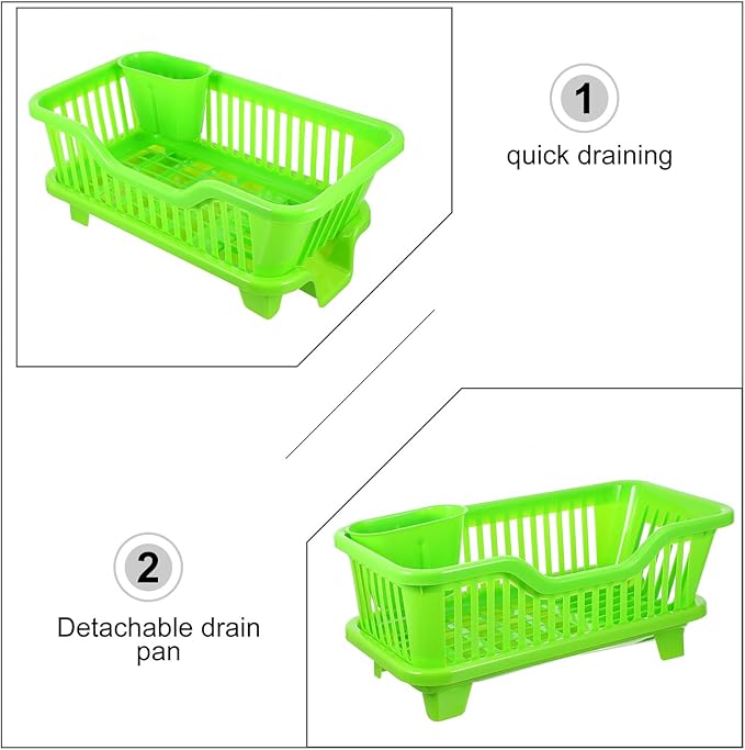 Multifunction Kitchen Cutlery Holder Plastic Tableware Draining Rack with Side Drain Tray for Bowls Plates Milk Bottles Sink Organizer in Green Medium