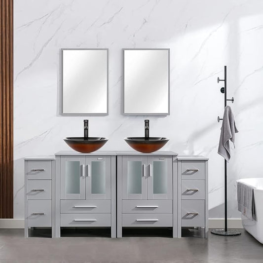 eclife 72" Modern Bathroom Vanity Sink Combo Freestanding Cabinet with Small Side Cabinet, Brown Square Glass Vessel Sink, Water Save Faucet, Drain (Gray+A48)