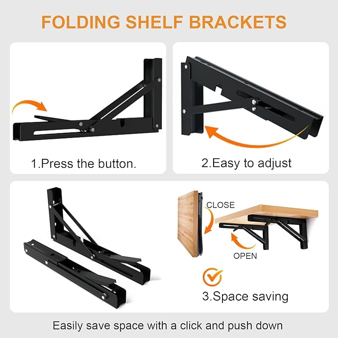 Storystore Folding Shelf Brackets - 12 Inch Heavy Duty Metal Collapsible Shelf Bracket for Bench Table, Shelf Hinge Wall Mounted Space Saving DIY Bracket, Max Load: 150 lb (2PCS, Black)
