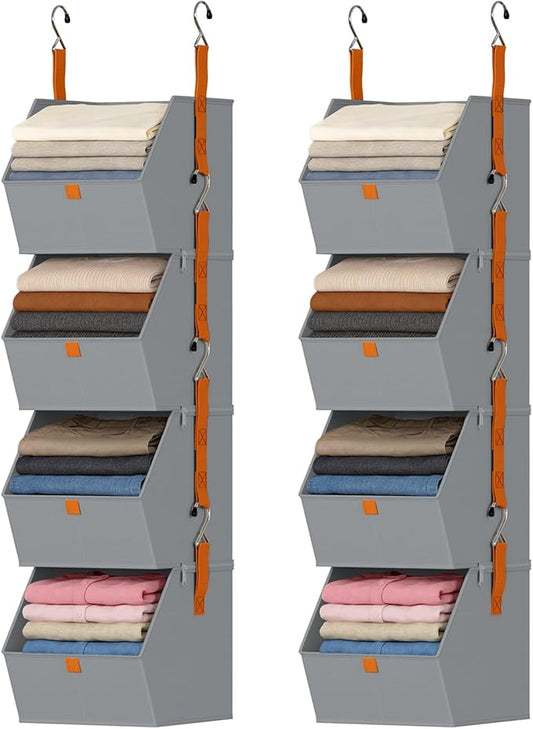 DIMJ Hanging Closet Organizer - 4 Tier Collapsible Hanging Shelves with Hooks Zipper, Fabric Clothes Organizer, Space-Saving Storage Bin Basket for RV, Bedroom, Laundry Organization