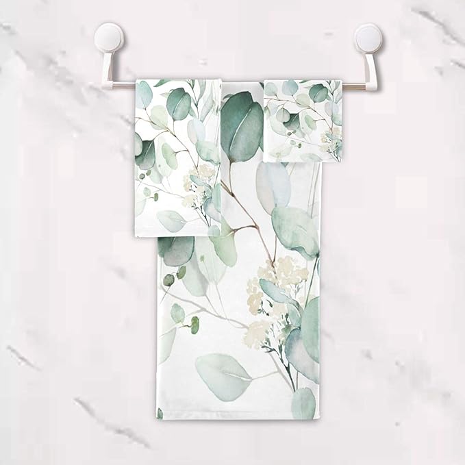 3 Piece Sage Green Eucalyptus Bath Towels Set,Microfiber Absorbent Vintage Watercolor Leaves White Floral Towels for Bathroom,1 Bath Towel,1 Hand Towel,1 Washcloth,Decorative Bathroom Towels