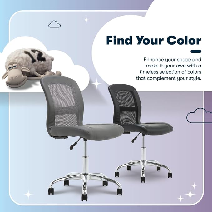 Serta Essential Armless Task Chair, Small Desk Chairs with Wheels, Breathable Mesh Back and Faux Leather, Quality Foam Cushion Seat for Comfort, Minimal Design for Vanity Table, Gray