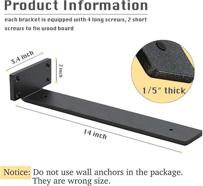 16 Pack Shelf Brackets 14 Inch Floating Shelf Bracket 1/5 inch Thick Heavy Duty Hidden Shelf Brackets Iron Metal Brackets for Shelf Support with Screw Included